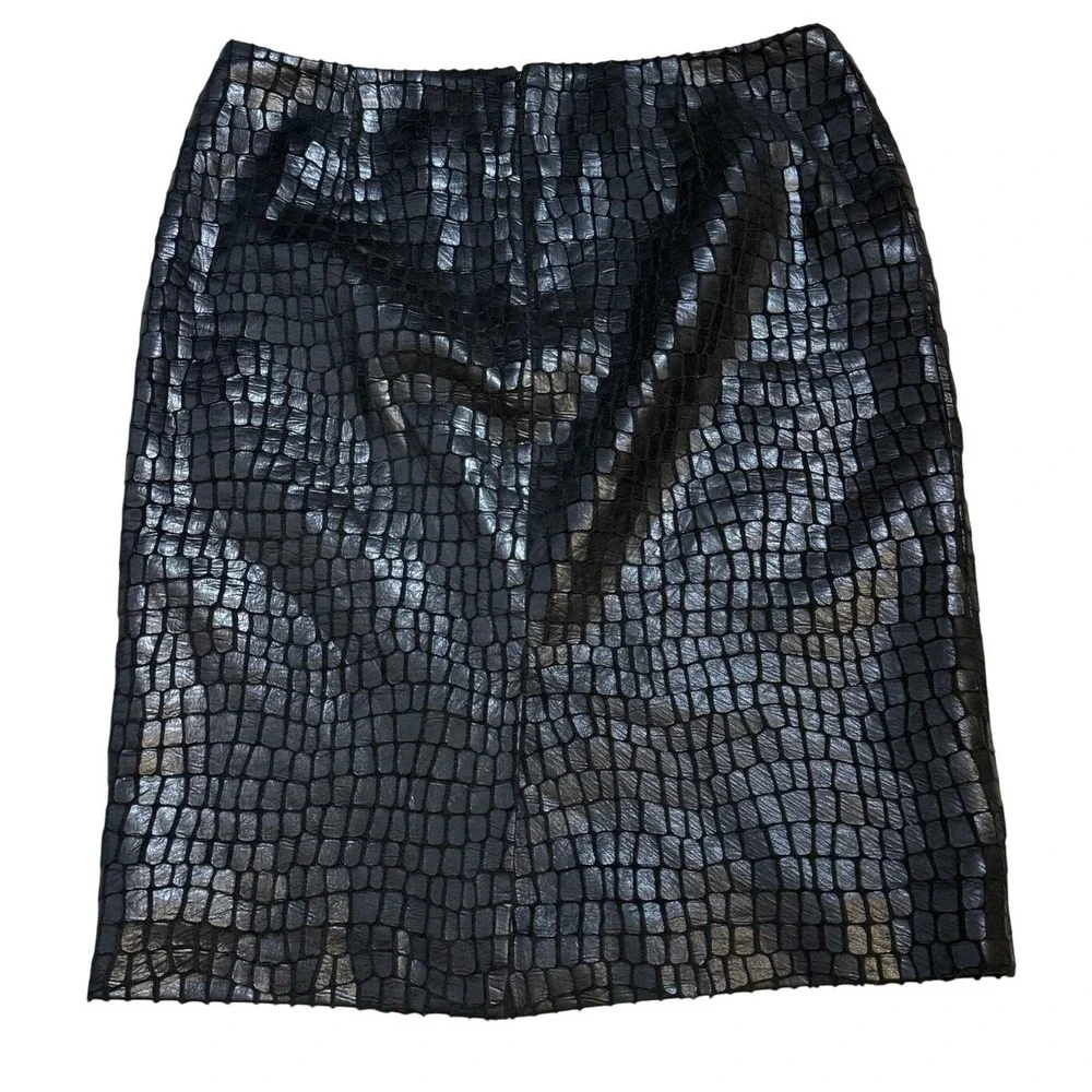 Black Croc Embossed Pencil Skirt Faux Leather Y2K Anne Klein Size 6 Maximalism